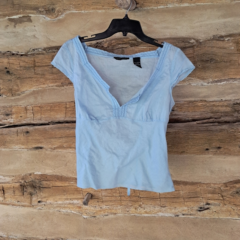 New York & Company Light Blue Cap Sleeve V-Neck Top Y2K